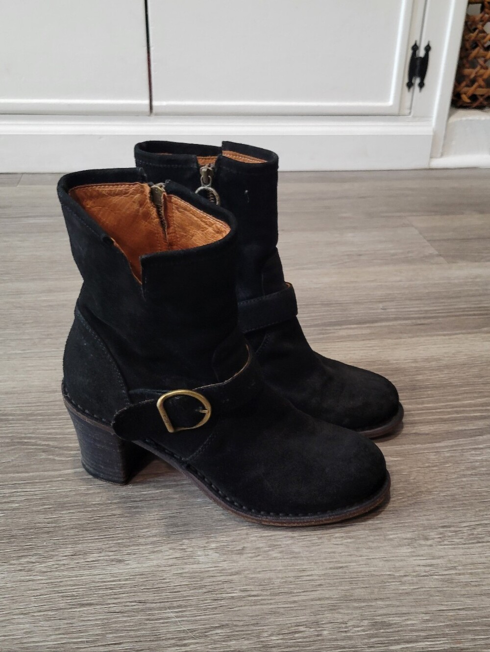 Fiorentini + Baker Black Suede Mid-Heel Ankle Boots with Buckle Size 38